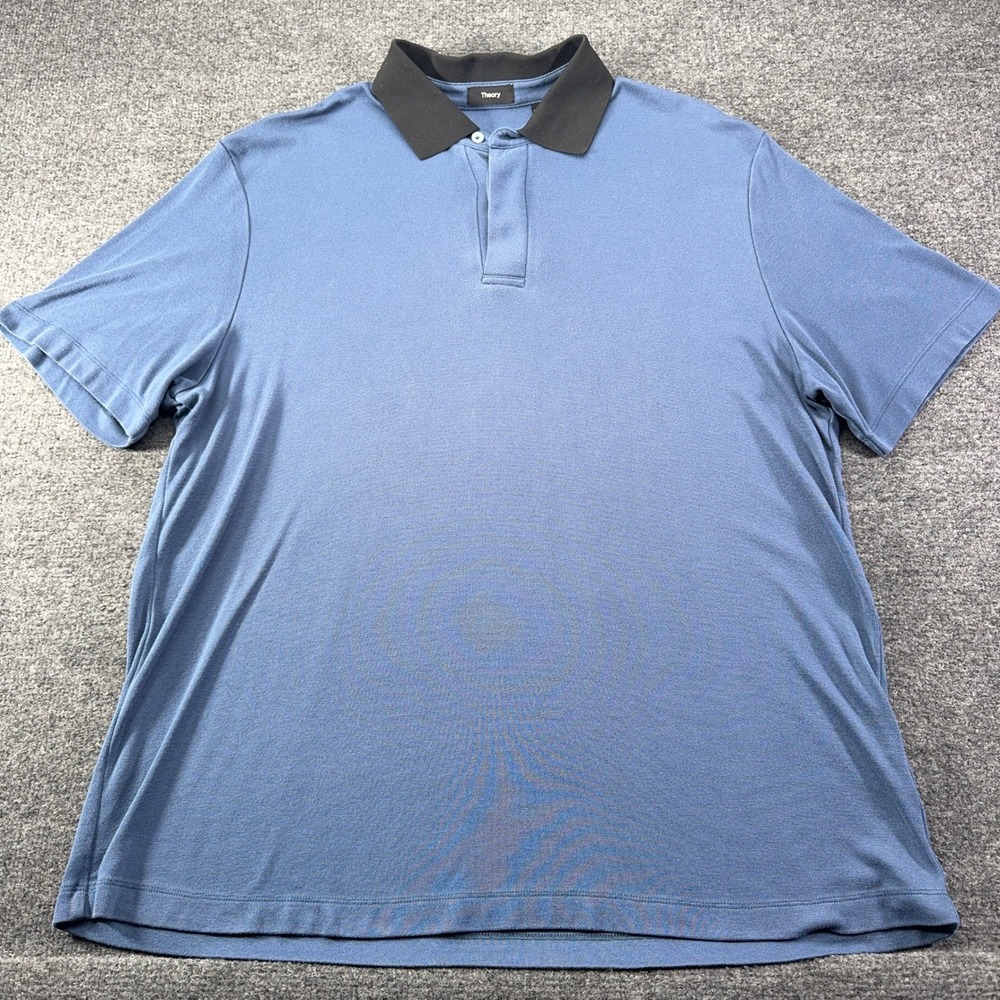 Theory Kayser Polo Shirt Mens XXL Blue Black Collar Short Sleeve Modal Blend
